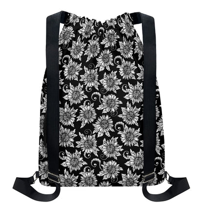 Black And White Vintage Sunflower Print Drawstring Backpack
