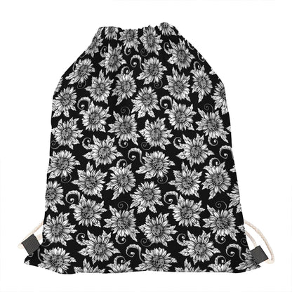 Black And White Vintage Sunflower Print Drawstring Bag