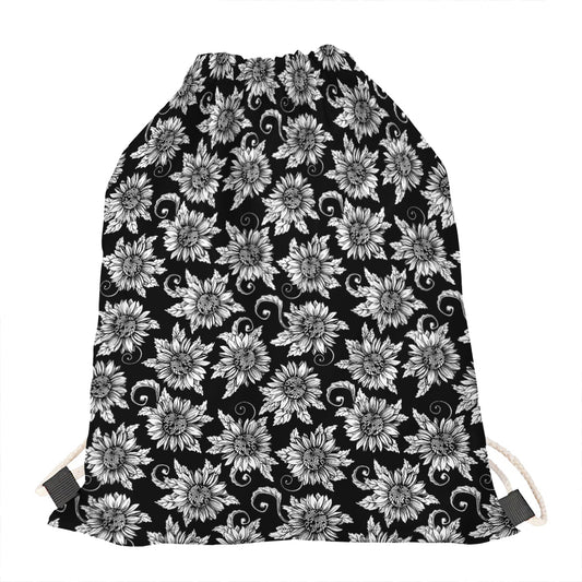 Black And White Vintage Sunflower Print Drawstring Bag