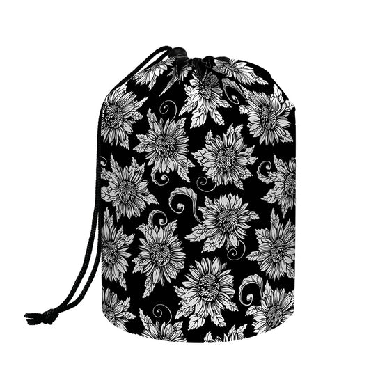 Black And White Vintage Sunflower Print Drawstring Makeup Bag