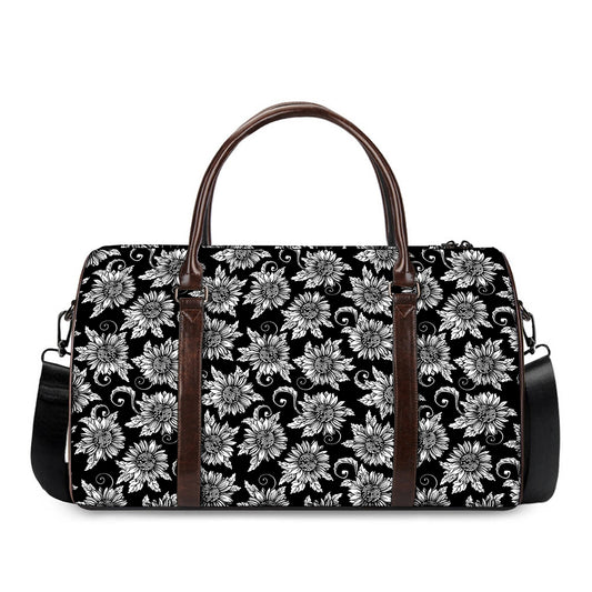 Black And White Vintage Sunflower Print Duffle Bag