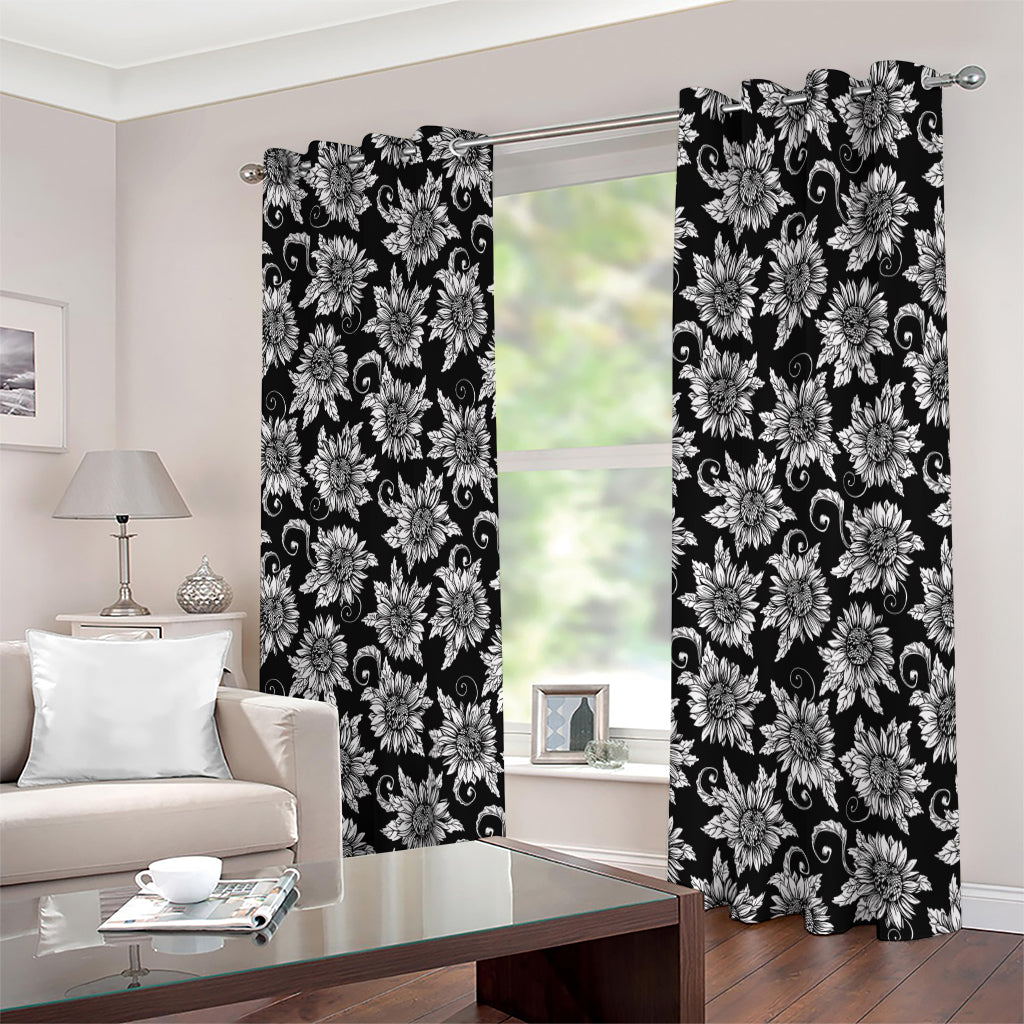 Black And White Vintage Sunflower Print Extra Wide Grommet Curtains