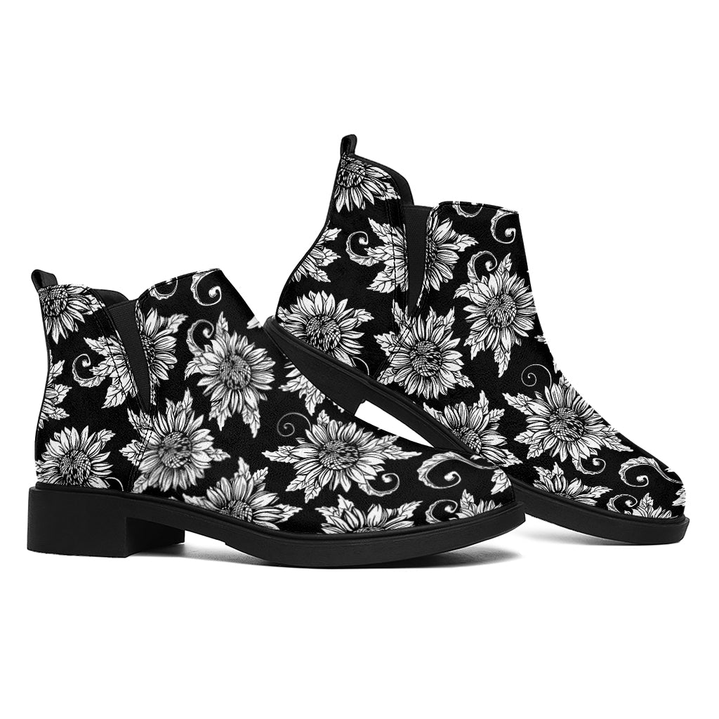 Black And White Vintage Sunflower Print Flat Ankle Boots