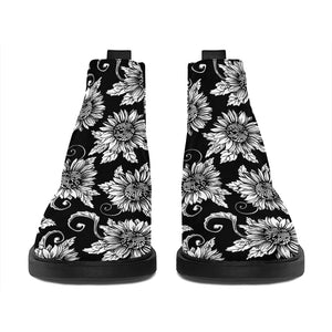 Black And White Vintage Sunflower Print Flat Ankle Boots