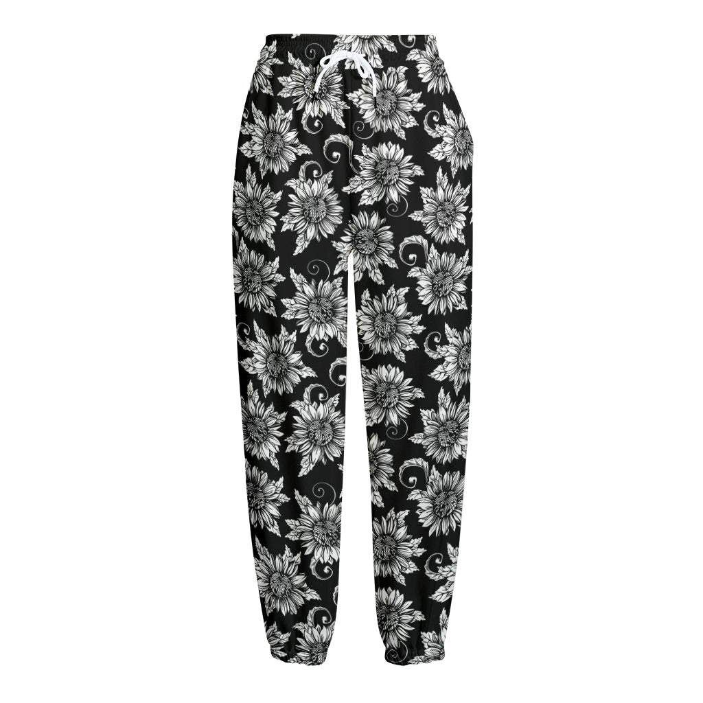 Black And White Vintage Sunflower Print Fleece Lined Knit Pants
