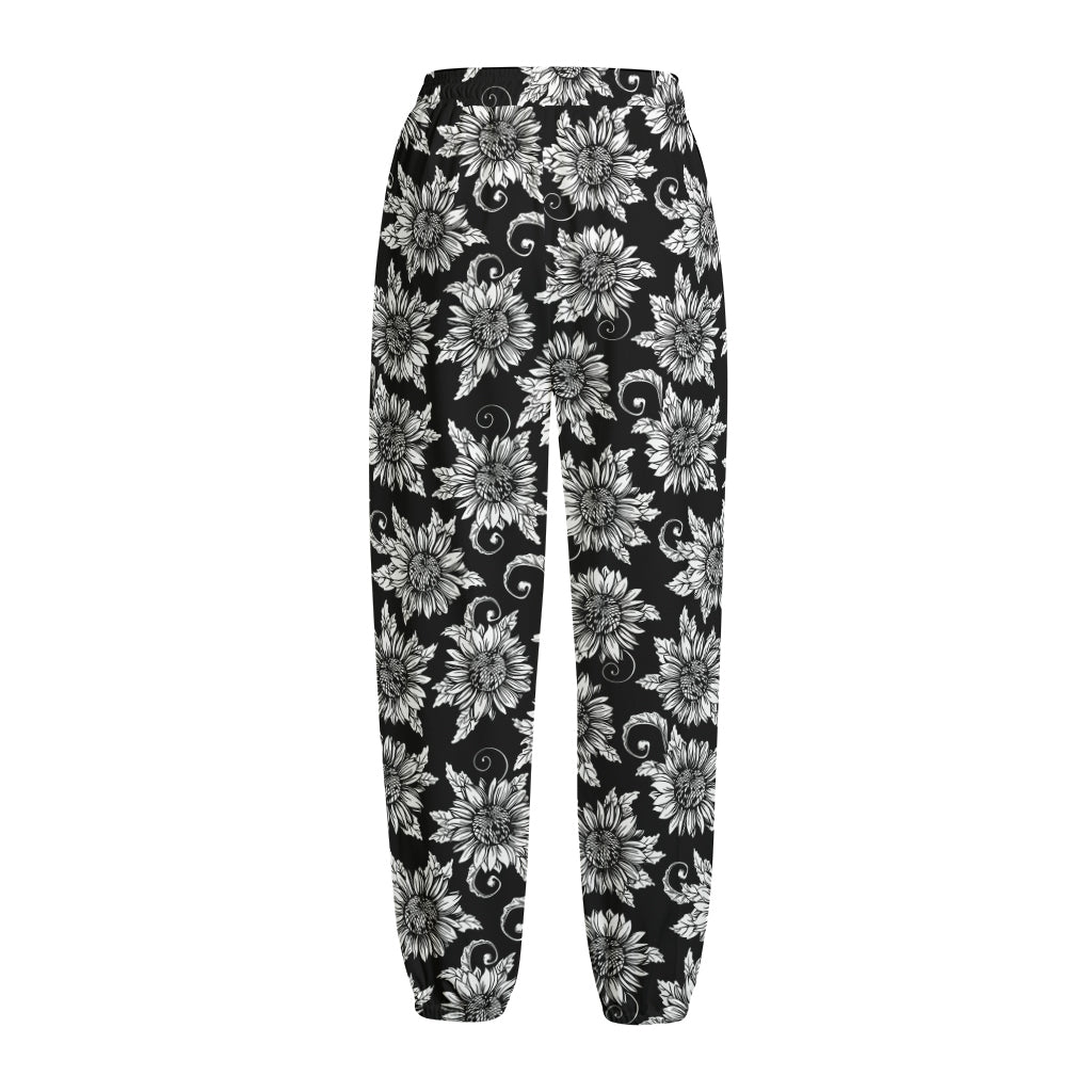 Black And White Vintage Sunflower Print Fleece Lined Knit Pants