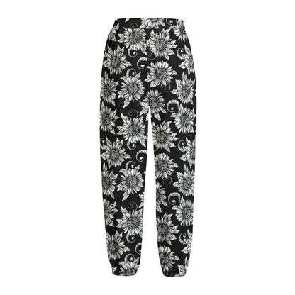 Black And White Vintage Sunflower Print Fleece Lined Knit Pants