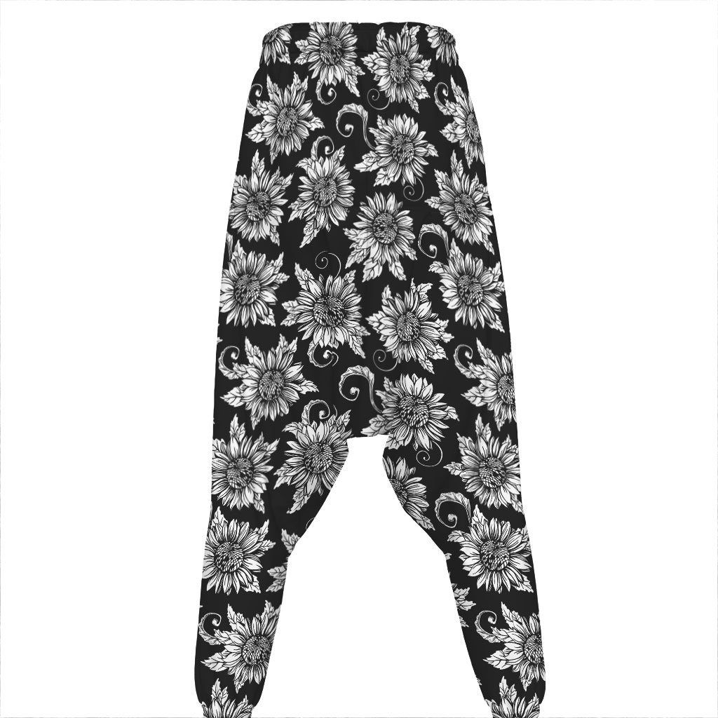 Black And White Vintage Sunflower Print Hammer Pants
