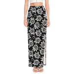 Black And White Vintage Sunflower Print High Slit Maxi Skirt
