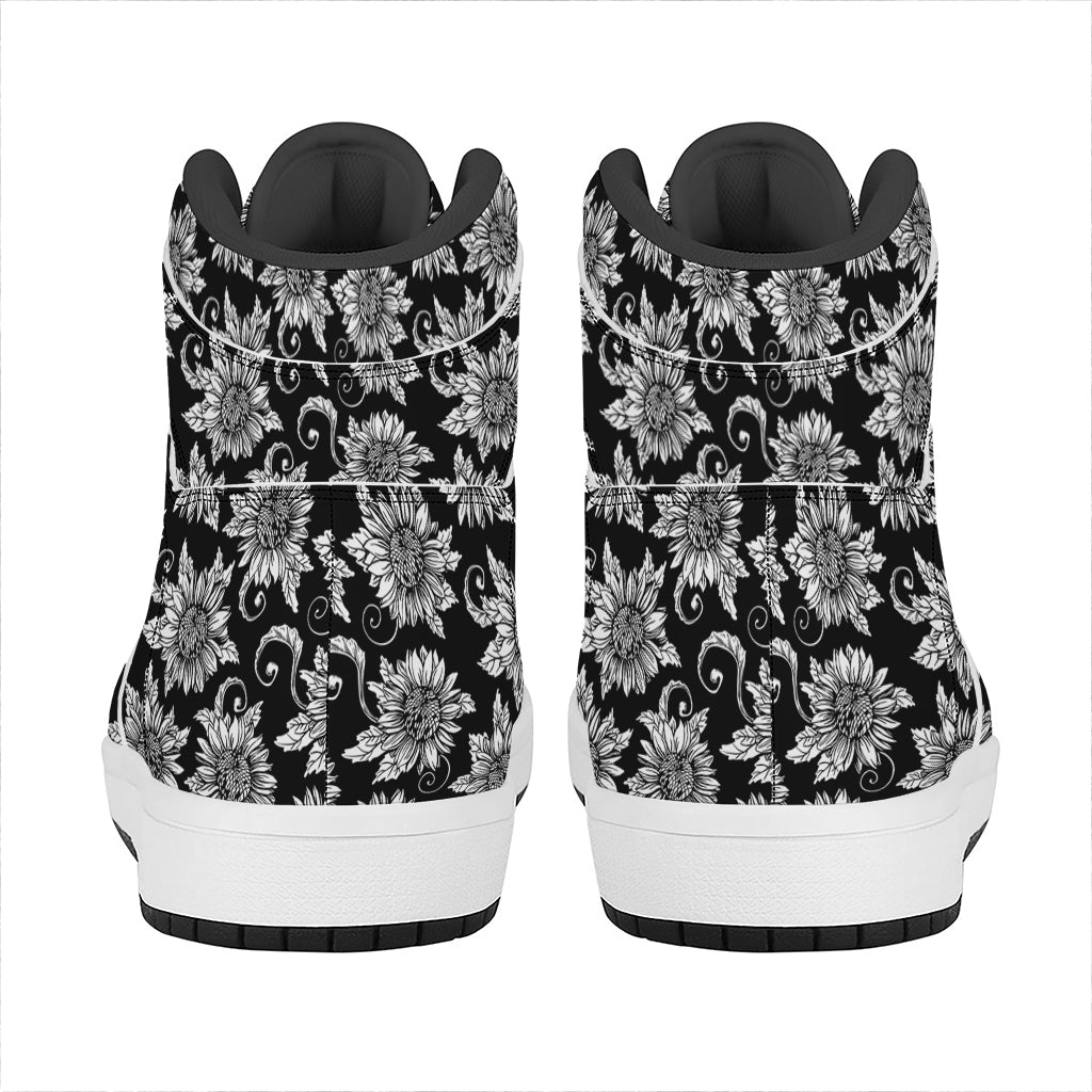 Black And White Vintage Sunflower Print High Top Leather Sneakers