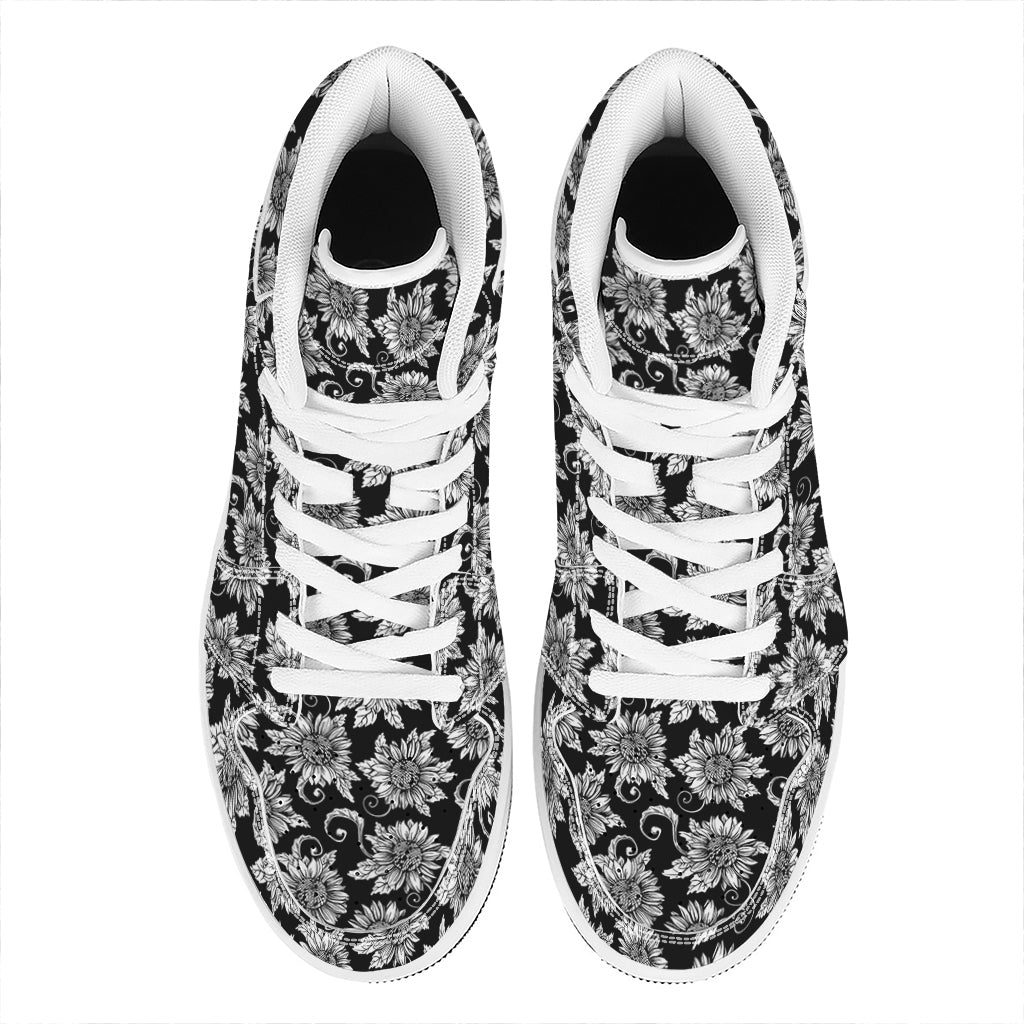 Black And White Vintage Sunflower Print High Top Leather Sneakers