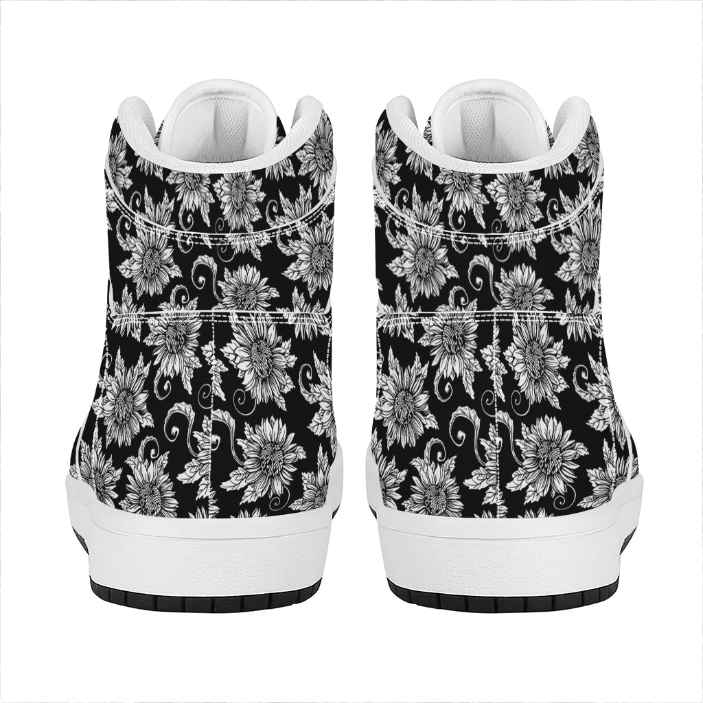 Black And White Vintage Sunflower Print High Top Leather Sneakers