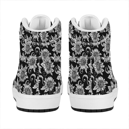 Black And White Vintage Sunflower Print High Top Leather Sneakers