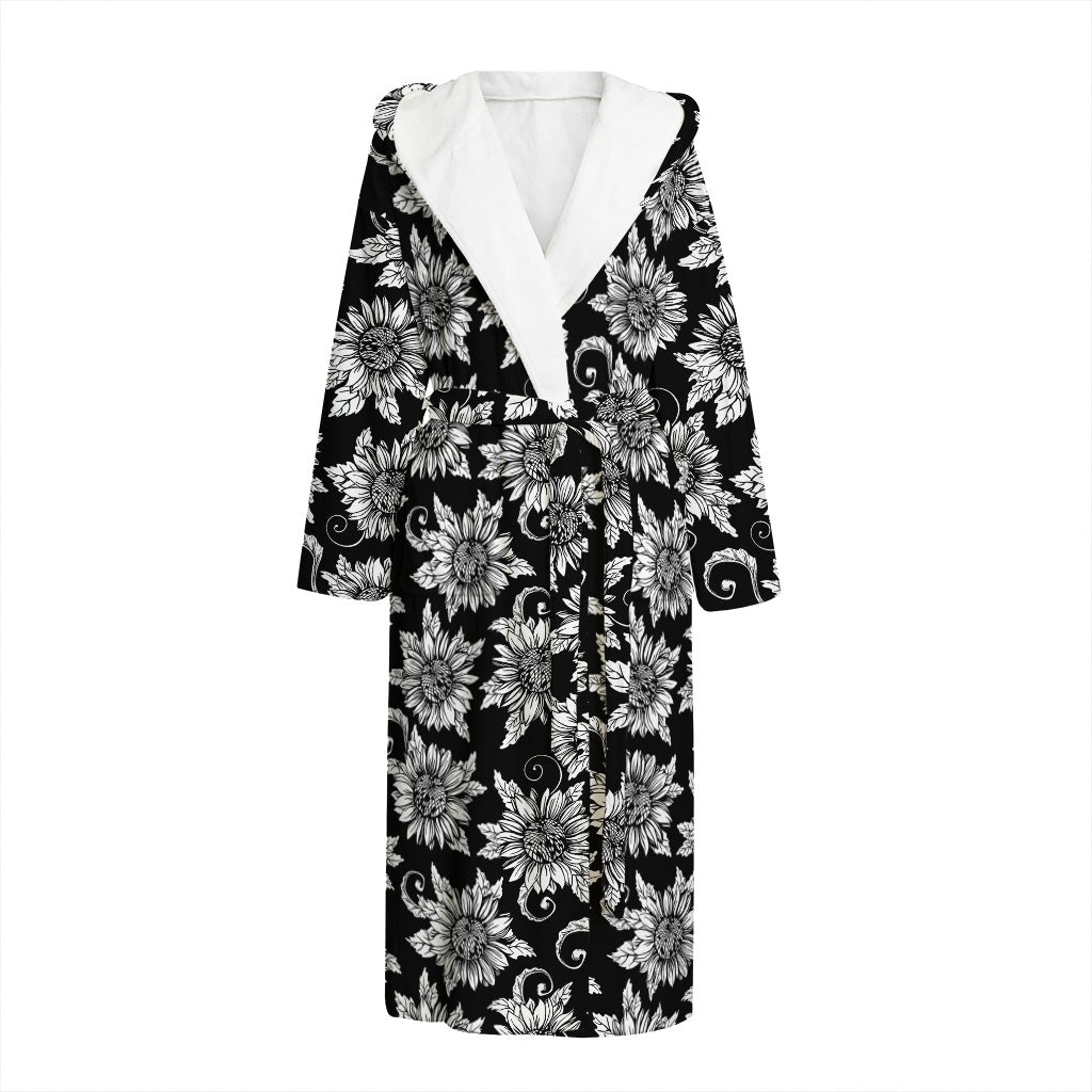 Black And White Vintage Sunflower Print Hooded Bathrobe