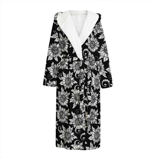 Black And White Vintage Sunflower Print Hooded Bathrobe