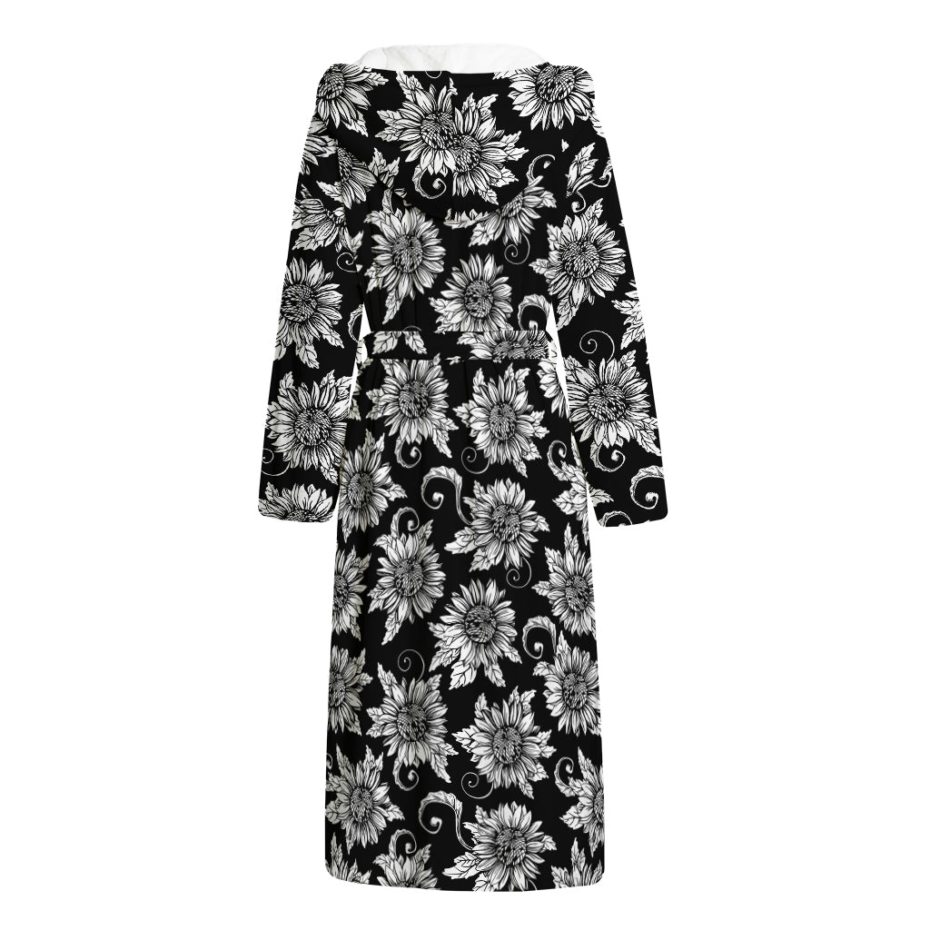 Black And White Vintage Sunflower Print Hooded Bathrobe