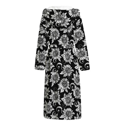 Black And White Vintage Sunflower Print Hooded Bathrobe