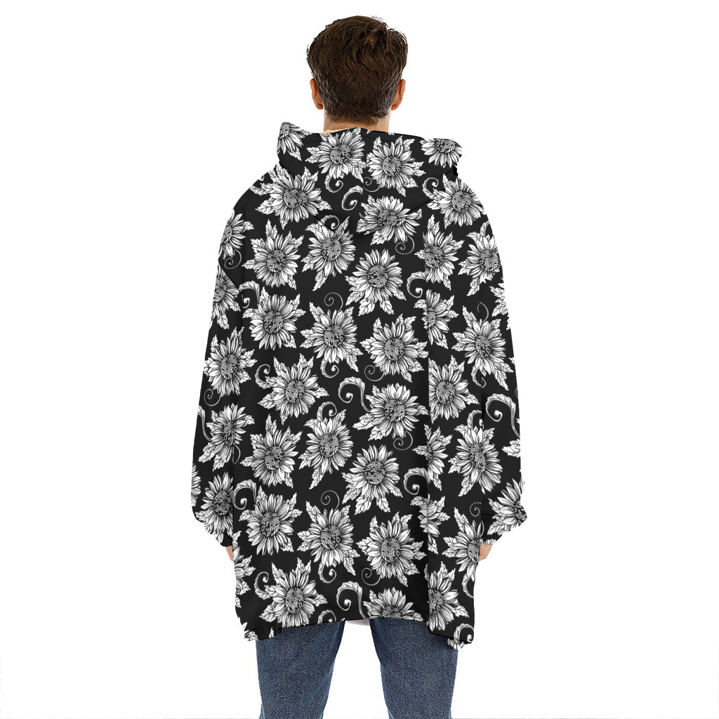 Black And White Vintage Sunflower Print Hoodie Blanket