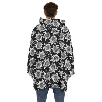 Black And White Vintage Sunflower Print Hoodie Blanket