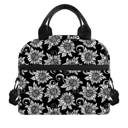 Black And White Vintage Sunflower Print Insulated Lunch Bag