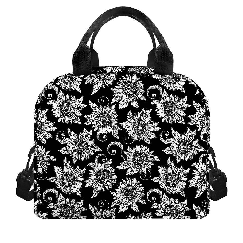 Black And White Vintage Sunflower Print Insulated Lunch Bag