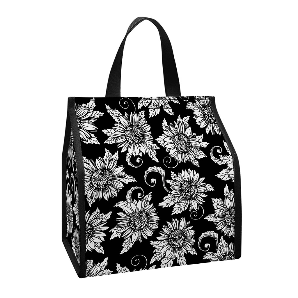 Black And White Vintage Sunflower Print Insulated Lunch Tote