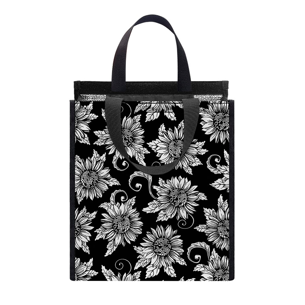 Black And White Vintage Sunflower Print Insulated Lunch Tote