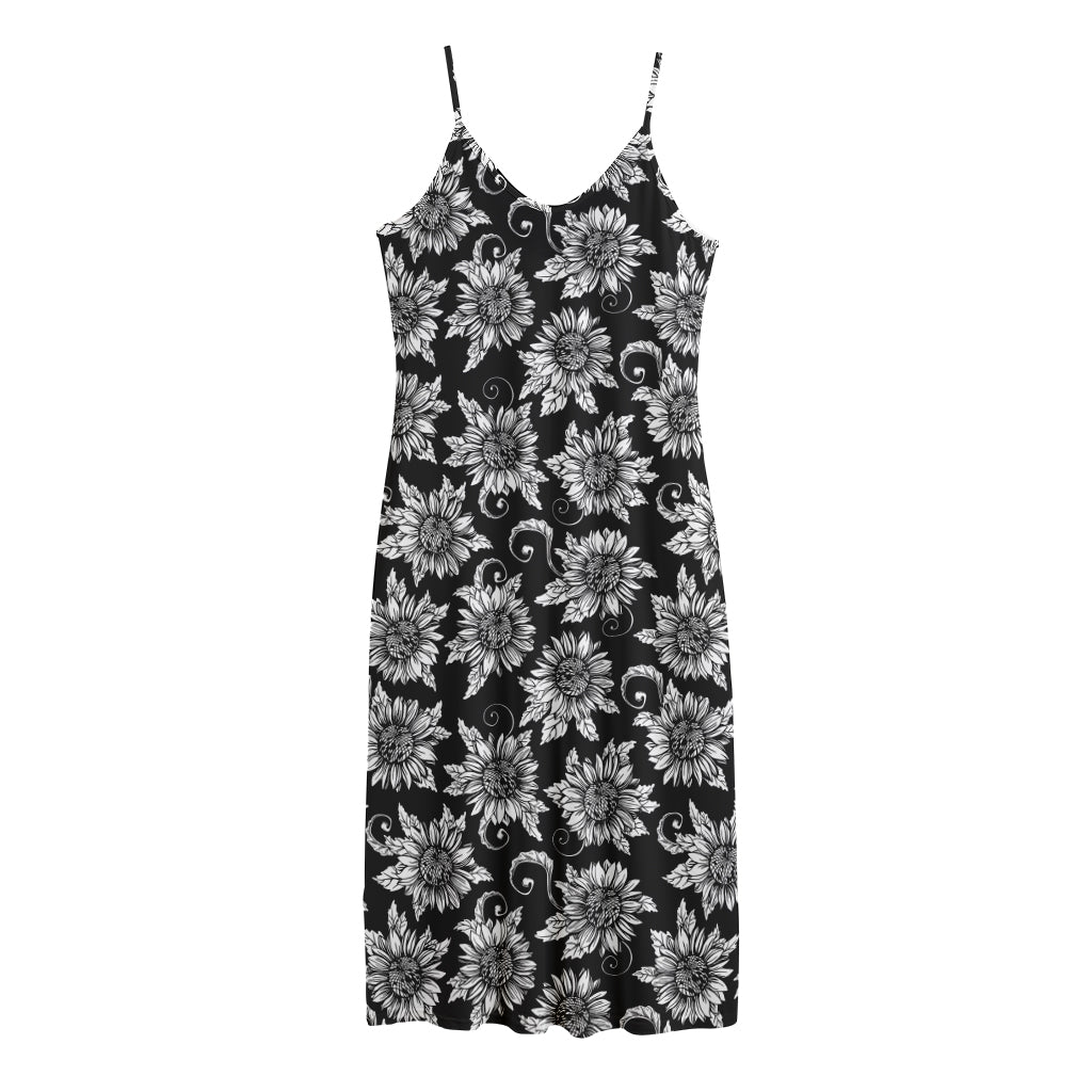 Black And White Vintage Sunflower Print Jersey Midi Cami Dress