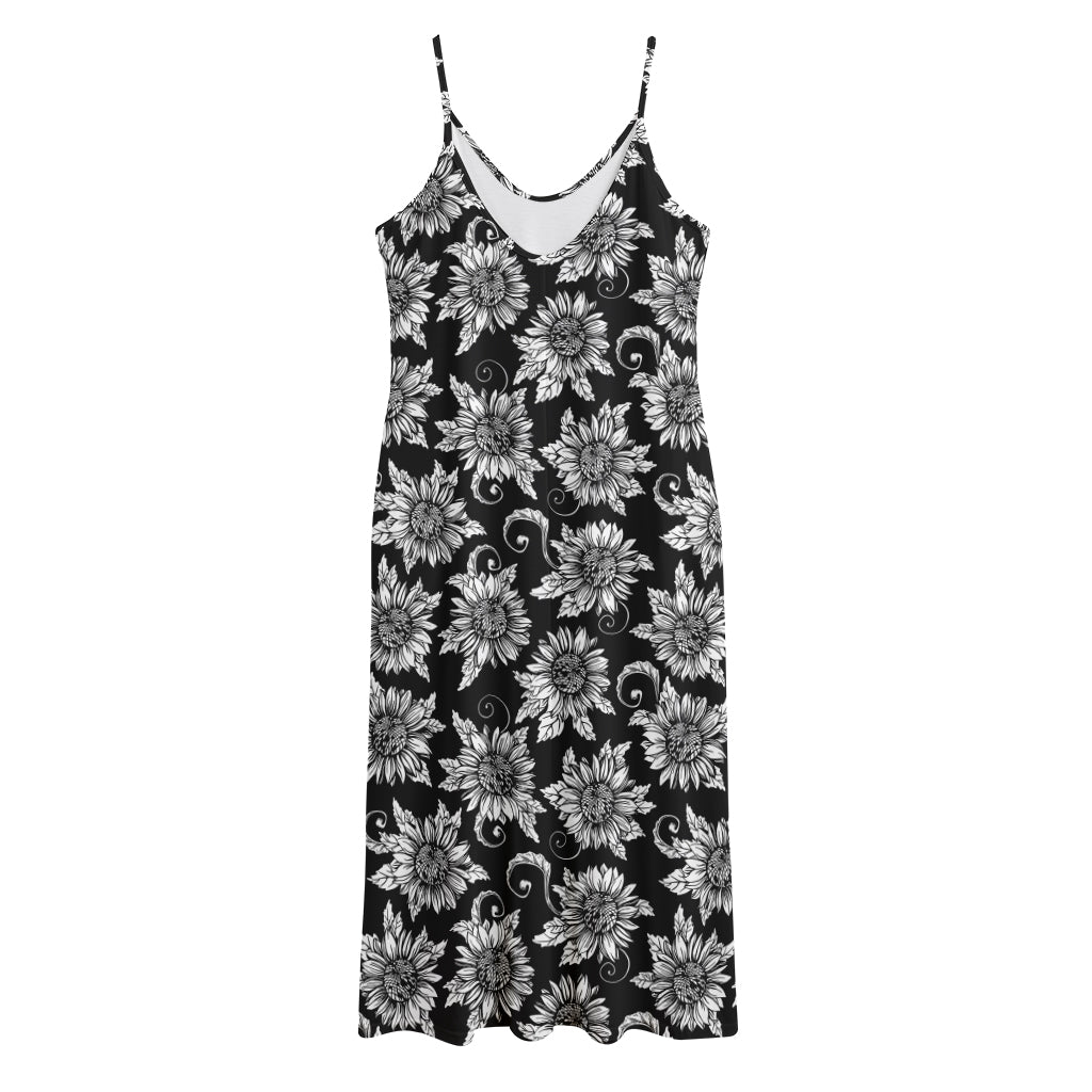 Black And White Vintage Sunflower Print Jersey Midi Cami Dress