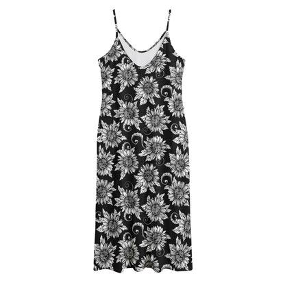 Black And White Vintage Sunflower Print Jersey Midi Cami Dress