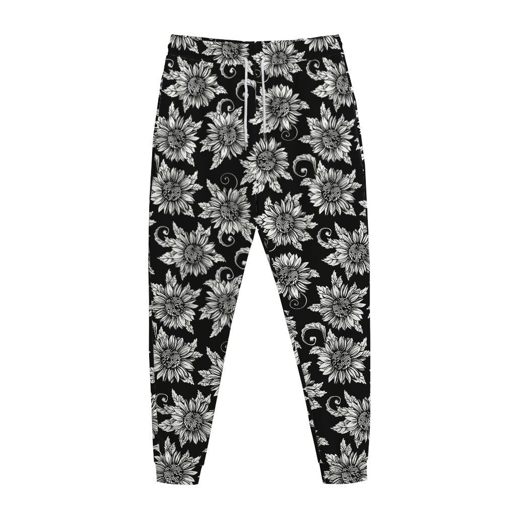 Black And White Vintage Sunflower Print Jogger Pants