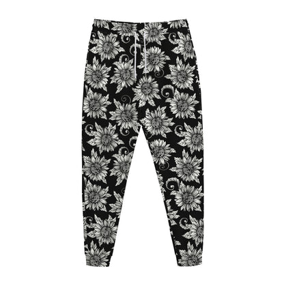 Black And White Vintage Sunflower Print Jogger Pants