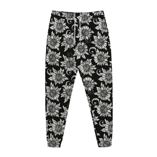 Black And White Vintage Sunflower Print Jogger Pants