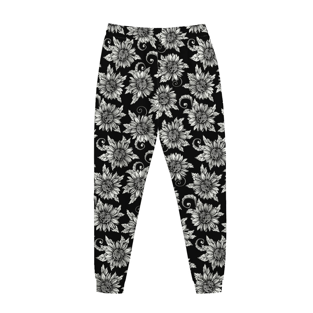 Black And White Vintage Sunflower Print Jogger Pants