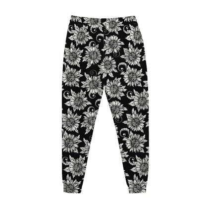 Black And White Vintage Sunflower Print Jogger Pants