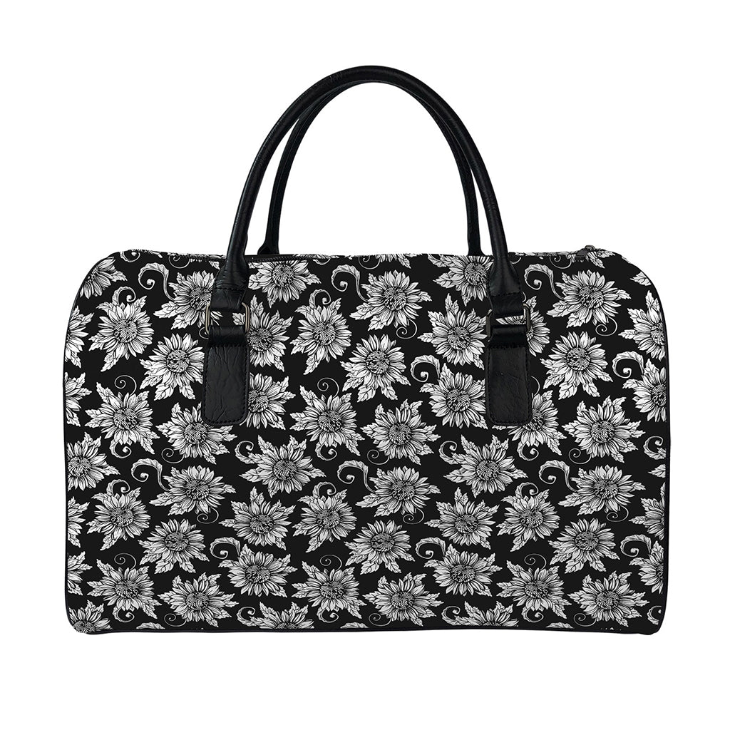 Black And White Vintage Sunflower Print Leather Duffle Bag