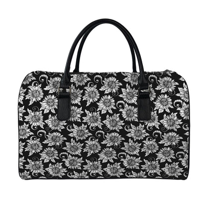 Black And White Vintage Sunflower Print Leather Duffle Bag
