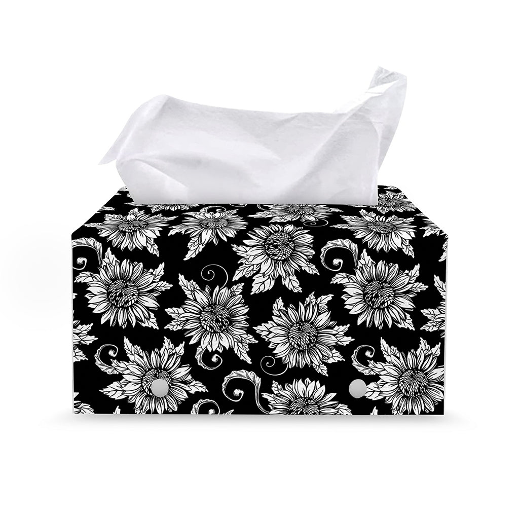 Black And White Vintage Sunflower Print Leather Tissue Box Cover