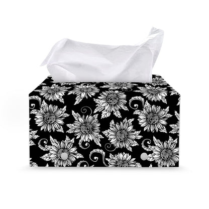 Black And White Vintage Sunflower Print Leather Tissue Box Cover