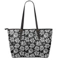 Black And White Vintage Sunflower Print Leather Tote Bag With Zipper
