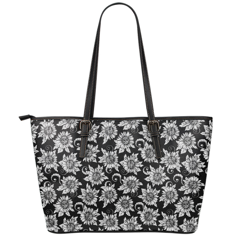 Black And White Vintage Sunflower Print Leather Tote Bag