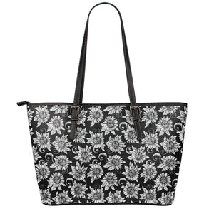 Black And White Vintage Sunflower Print Leather Tote Bag