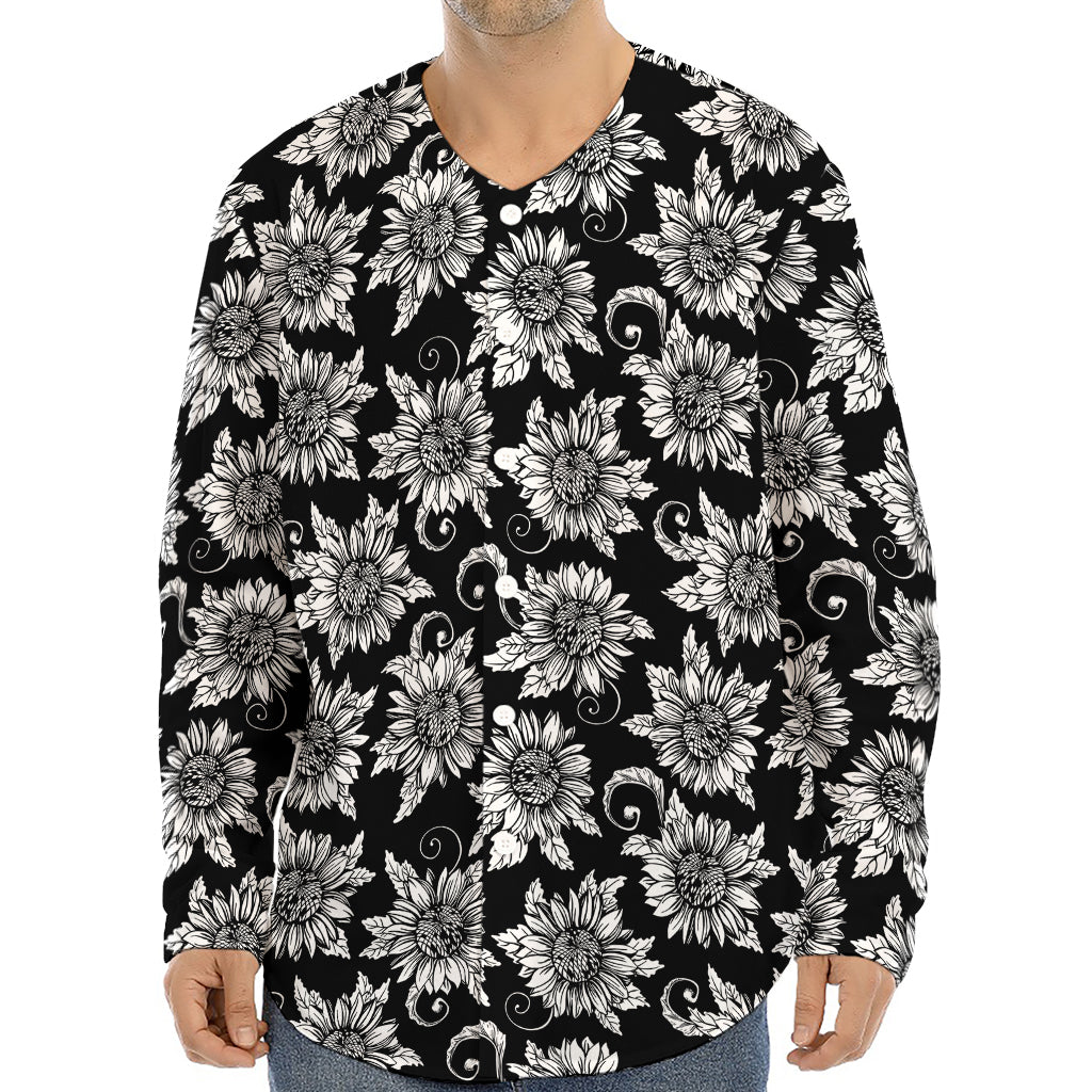 Black And White Vintage Sunflower Print Long Sleeve Baseball Jersey