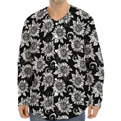 Black And White Vintage Sunflower Print Long Sleeve Baseball Jersey