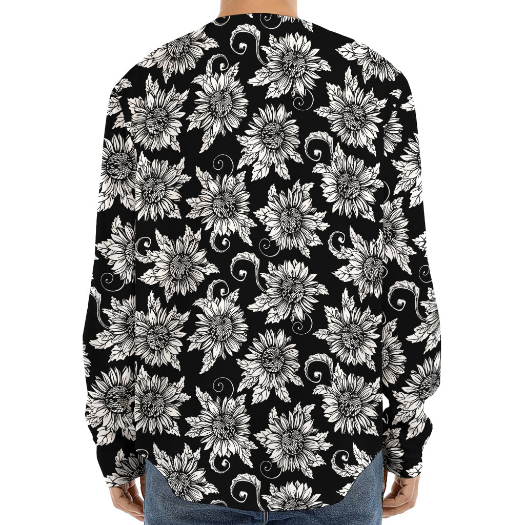 Black And White Vintage Sunflower Print Long Sleeve Baseball Jersey
