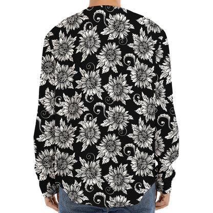 Black And White Vintage Sunflower Print Long Sleeve Baseball Jersey