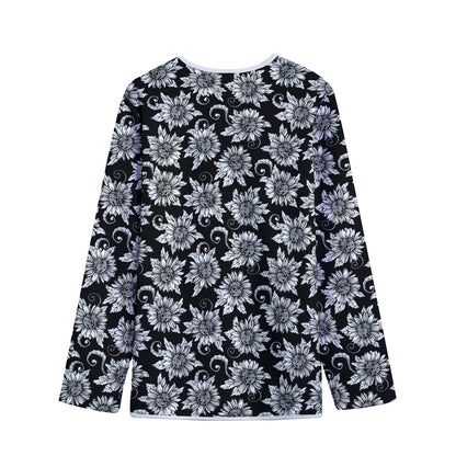 Black And White Vintage Sunflower Print Long Sleeve Short Coat