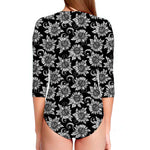 Black And White Vintage Sunflower Print Long Sleeve Swimsuit