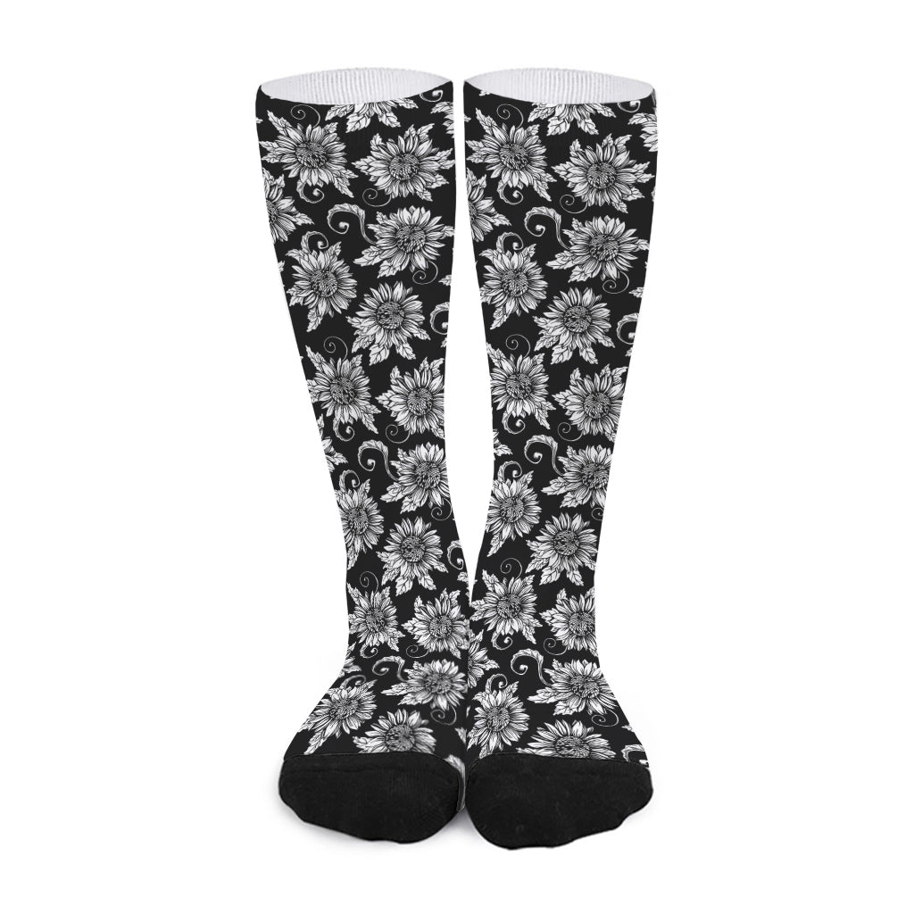 Black And White Vintage Sunflower Print Long Socks