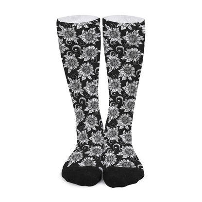 Black And White Vintage Sunflower Print Long Socks